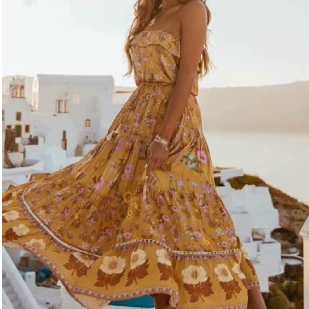Boho Gypsy yellow Floral Ruffle Tassel Midi Dress
